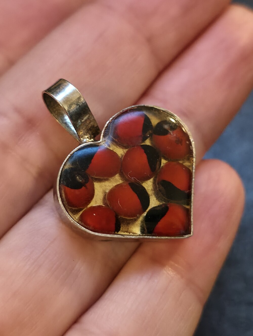 Vintage Artisan Heart Pendant | Encased Rosary Pea Seeds | Folk Art